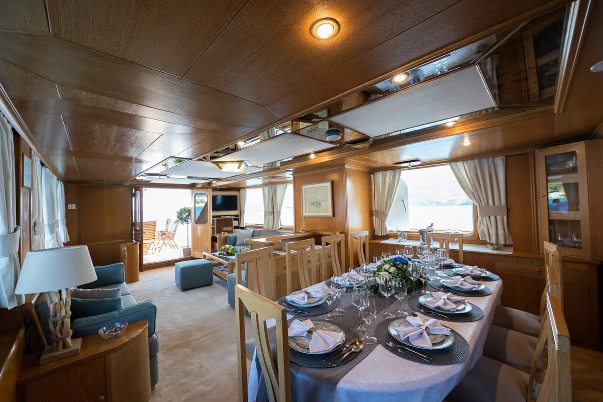 Salon of Elena, a Perama Shipyard M/Y Elena yacht at Athens, Flisvos Delta marina, Greece