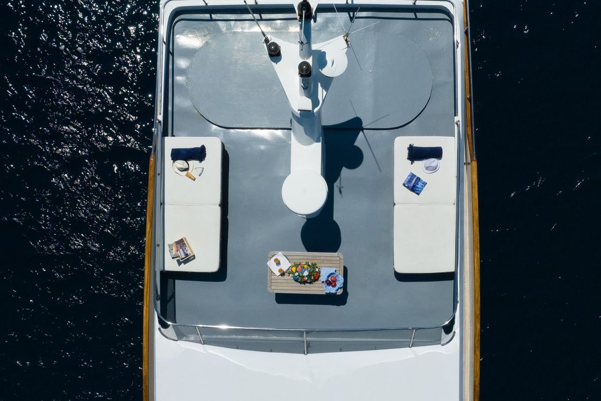 Deck of Elena, a Perama Shipyard M/Y Elena yacht at Athens, Flisvos Delta marina, Greece