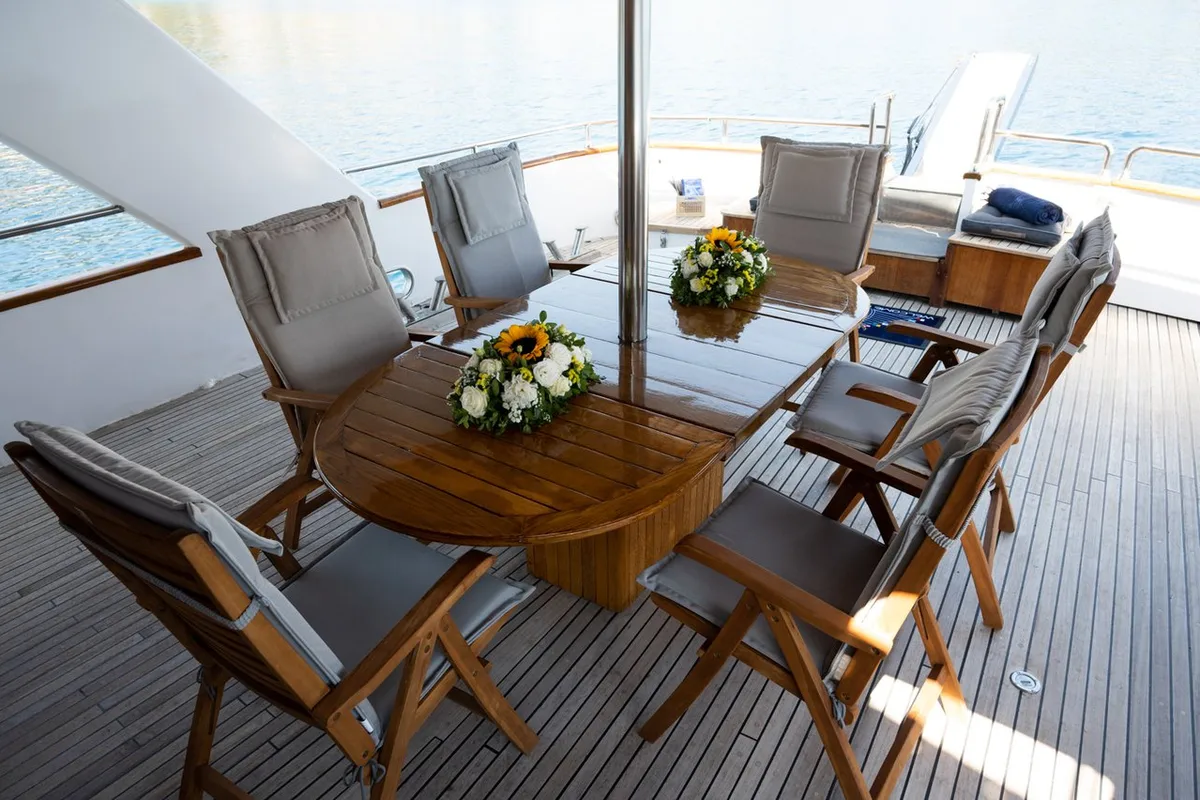 Deck of Elena, a Perama Shipyard M/Y Elena yacht at Athens, Flisvos Delta marina, Greece