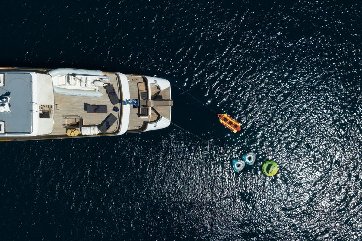 Deck of Elena, a Perama Shipyard M/Y Elena yacht at Athens, Flisvos Delta marina, Greece