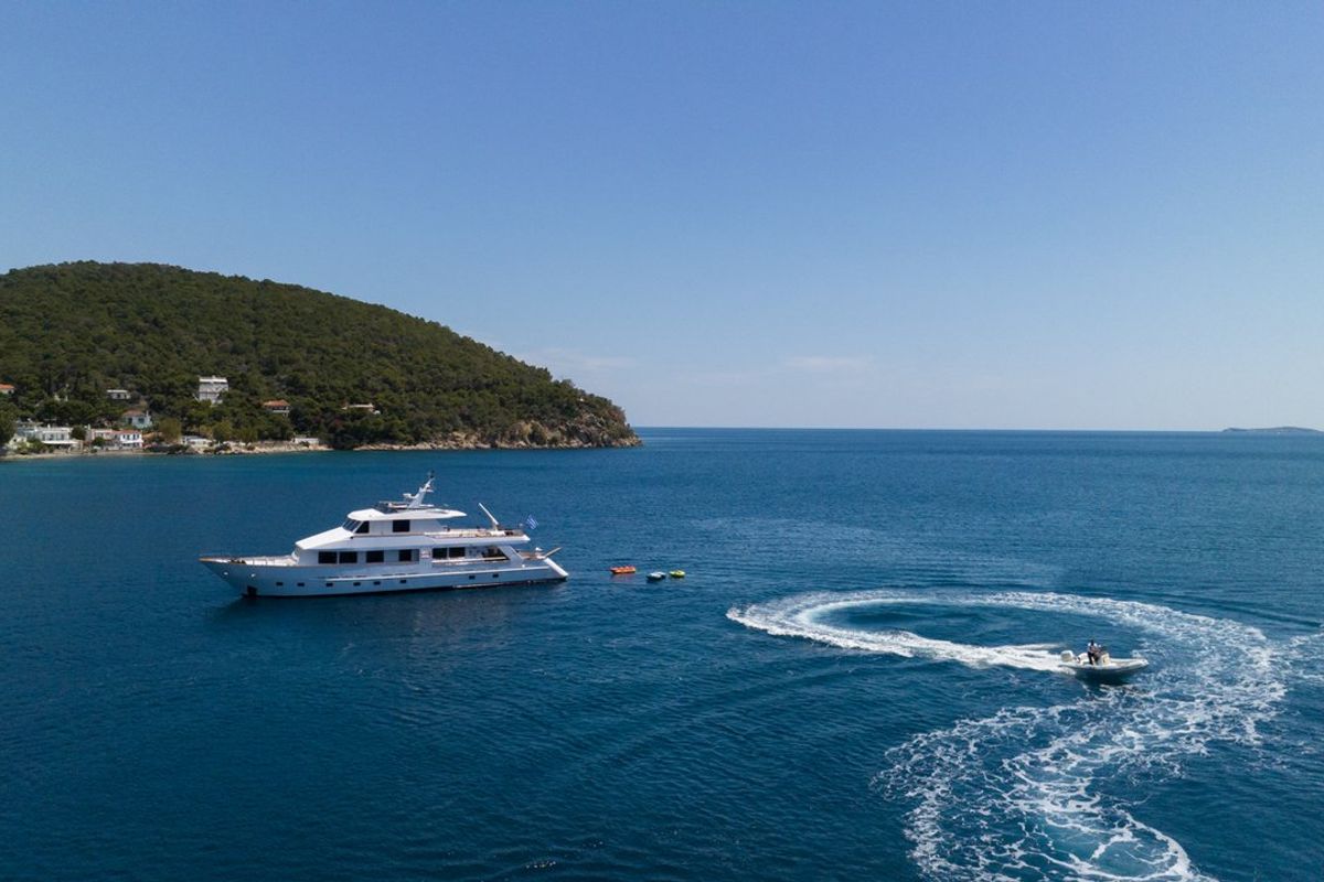 Exterior view of Elena, a Perama Shipyard M/Y Elena yacht at Athens, Flisvos Delta marina, Greece