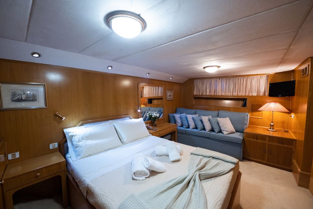 Cabin on Elena, a Perama Shipyard M/Y Elena yacht at Athens, Flisvos Delta marina, Greece