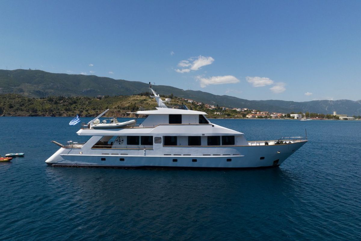 Exterior view of Elena, a Perama Shipyard M/Y Elena yacht at Athens, Flisvos Delta marina, Greece