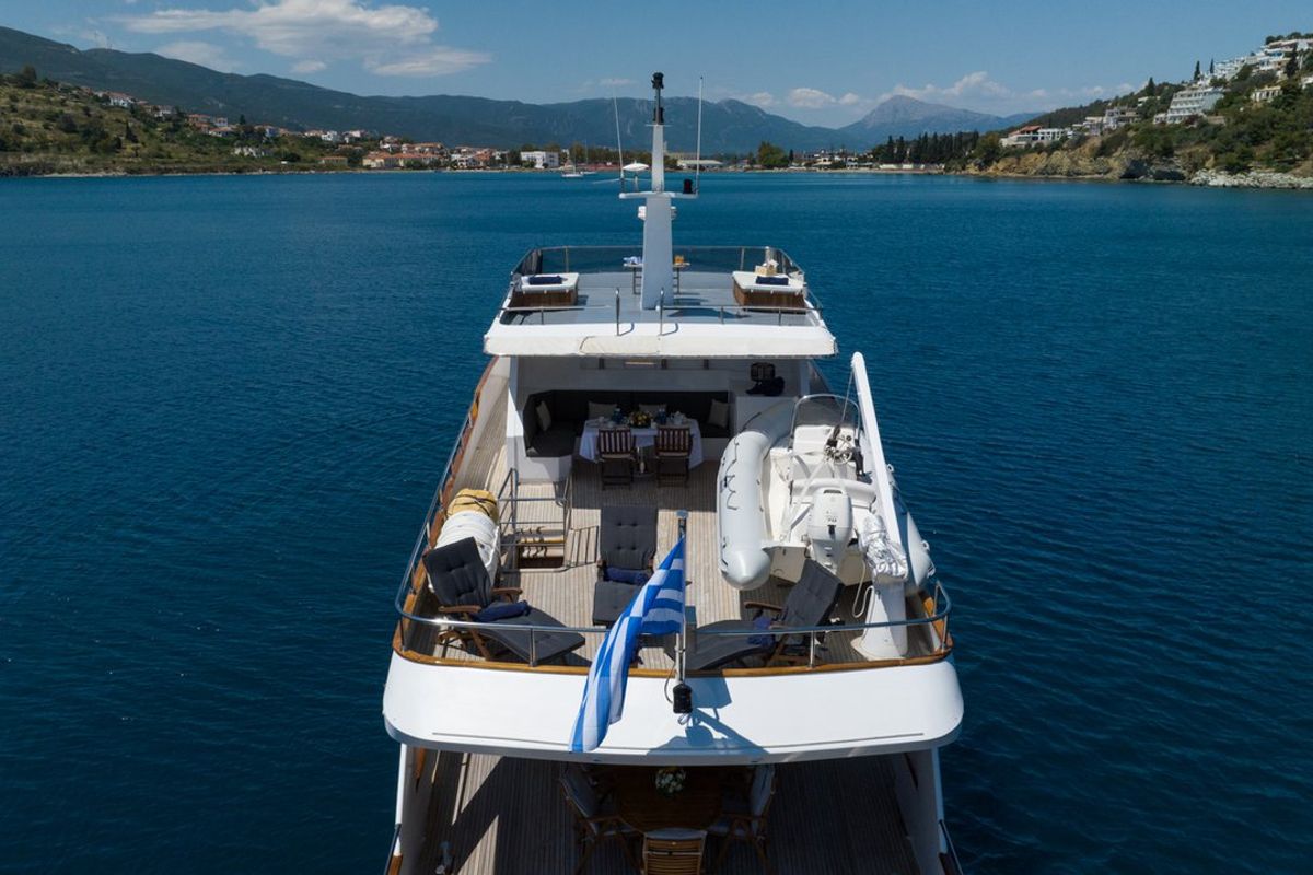 Deck of Elena, a Perama Shipyard M/Y Elena yacht at Athens, Flisvos Delta marina, Greece