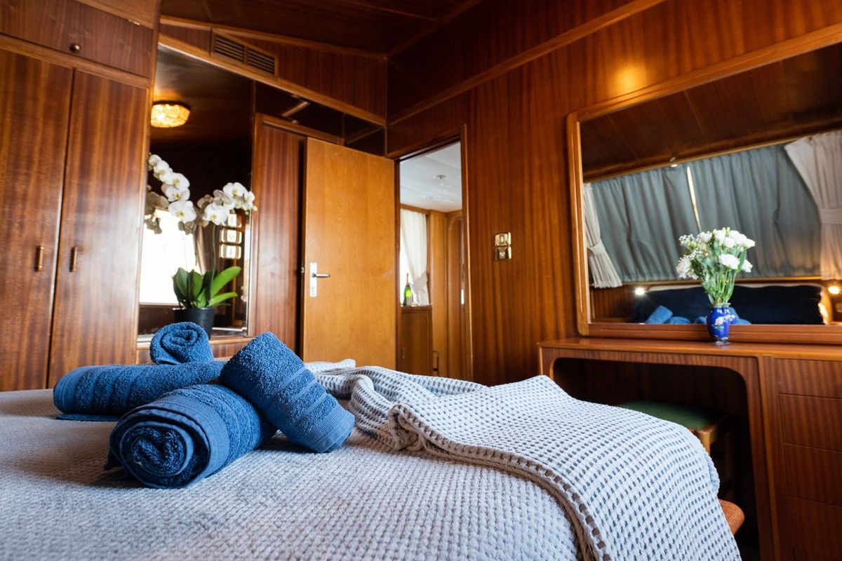 Cabin on Elena, a Perama Shipyard M/Y Elena yacht at Athens, Flisvos Delta marina, Greece
