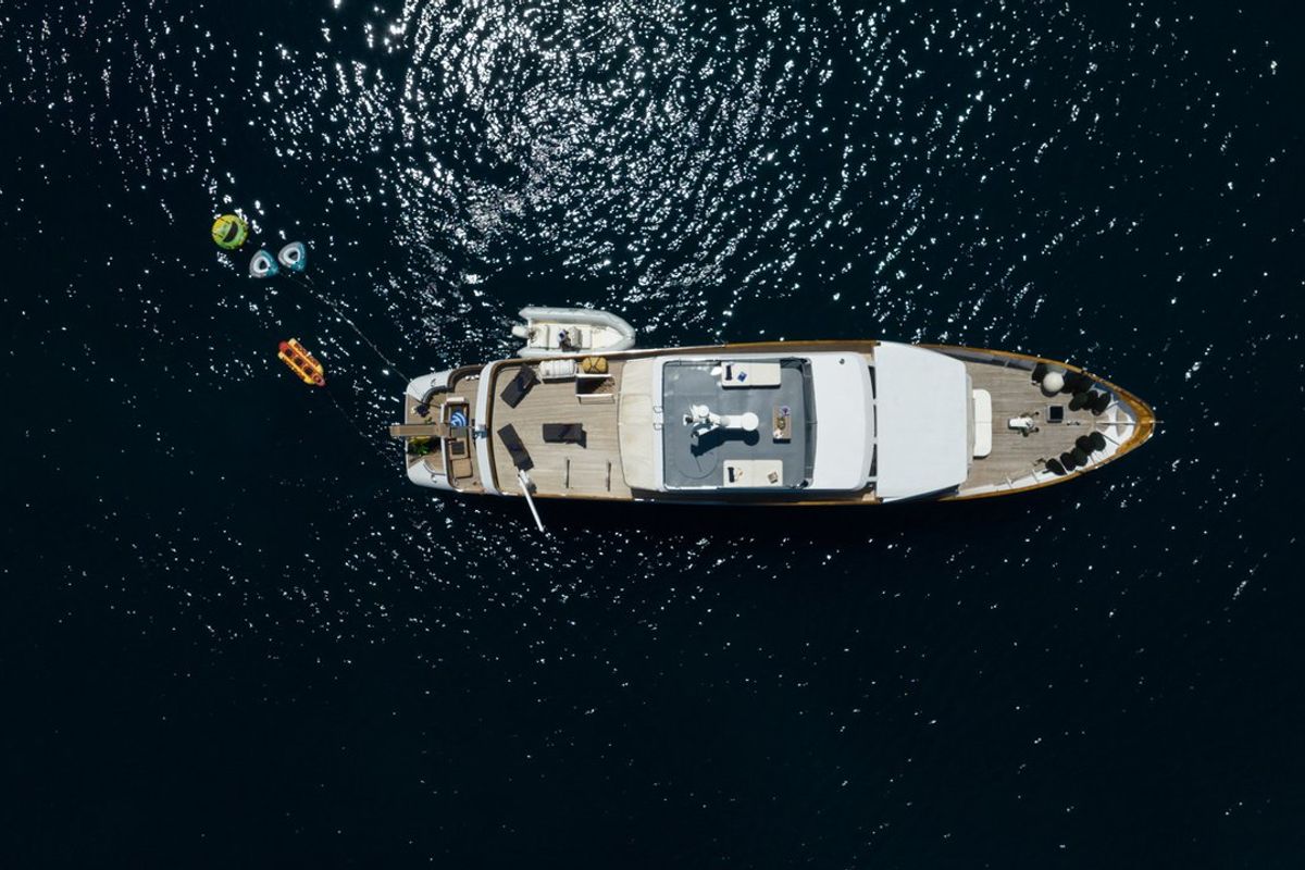Exterior view of Elena, a Perama Shipyard M/Y Elena yacht at Athens, Flisvos Delta marina, Greece