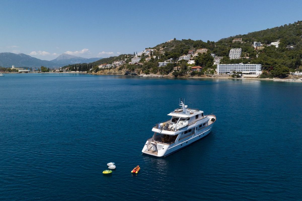 Exterior view of Elena, a Perama Shipyard M/Y Elena yacht at Athens, Flisvos Delta marina, Greece