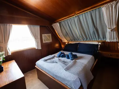 Cabin on Elena, a Perama Shipyard M/Y Elena yacht at Athens, Flisvos Delta marina, Greece