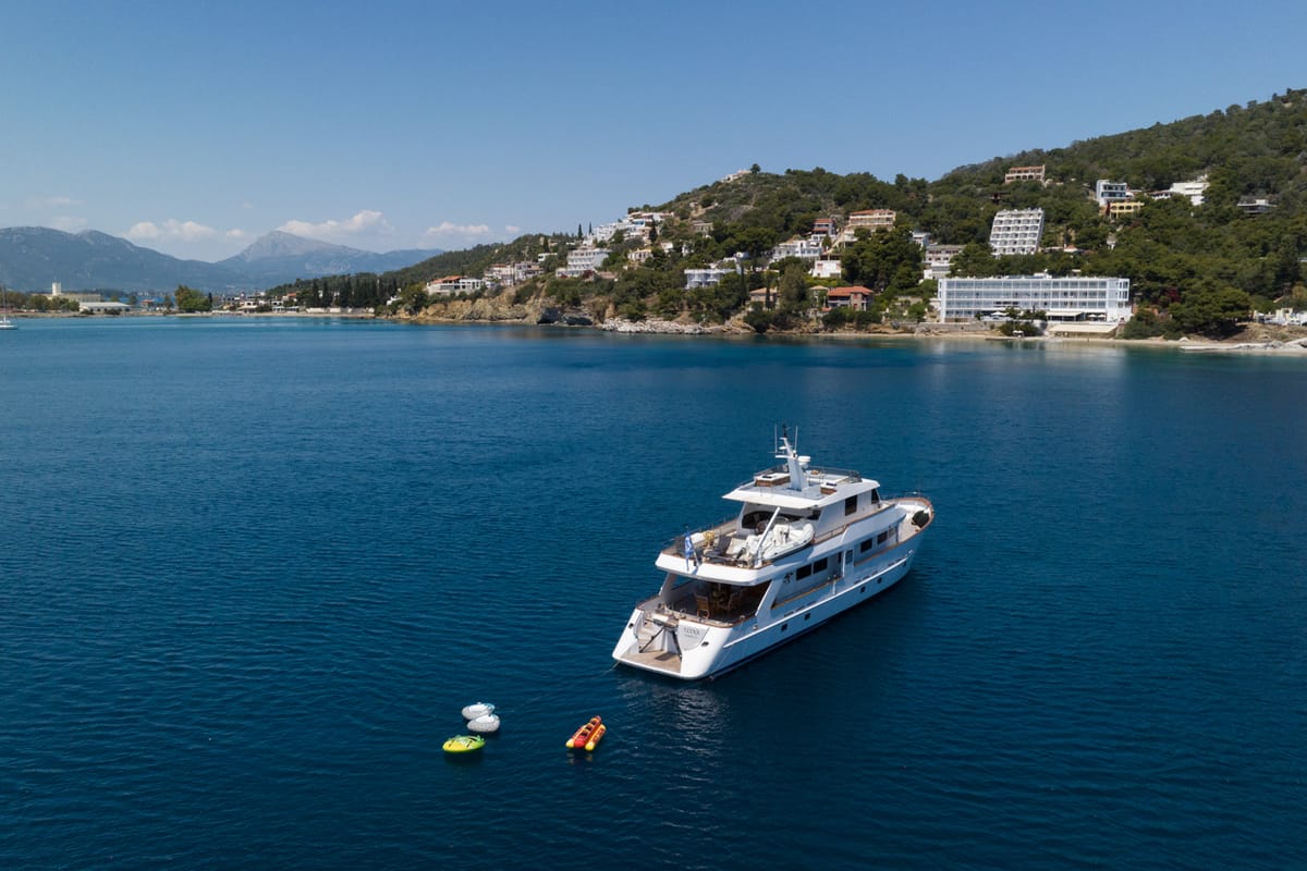 Elena, a Perama Shipyard M/Y Elena yacht at Athens, Flisvos Delta marina, Greece