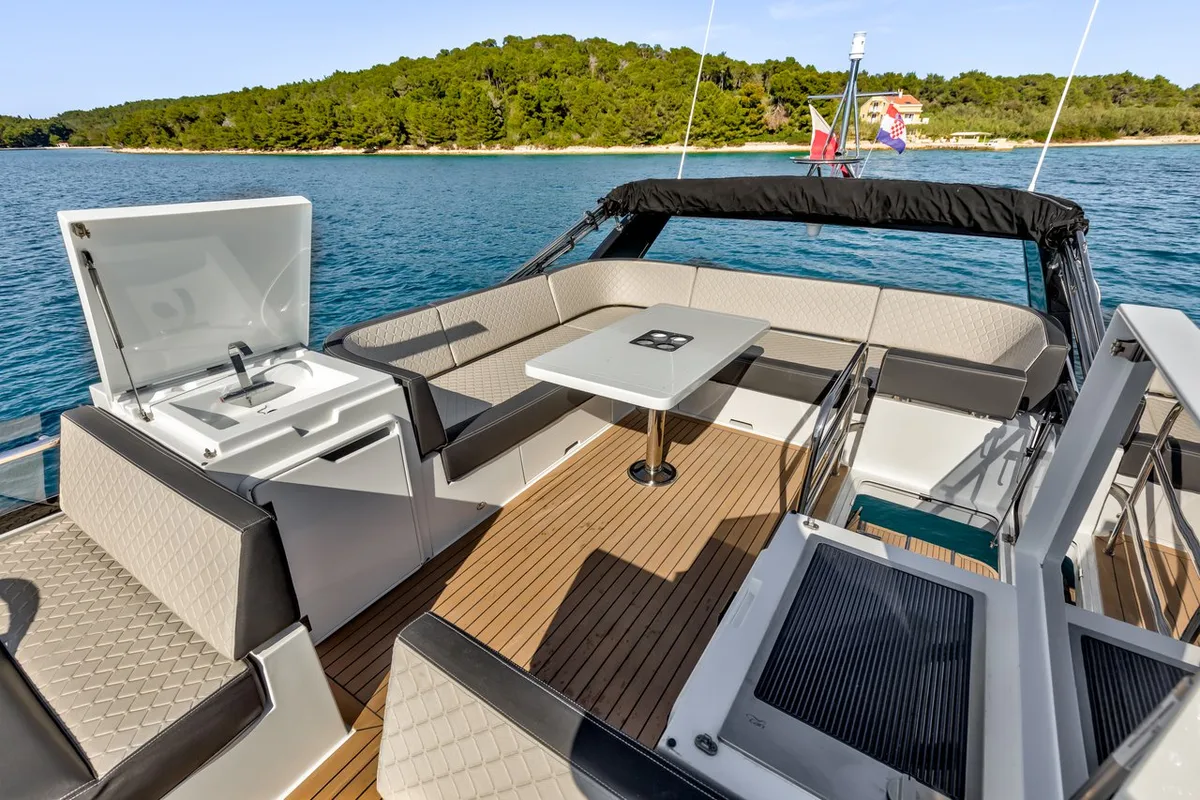 Deck of Amber Blue, a Galeon 420 Fly yacht at Općina Sukošan, Croatia