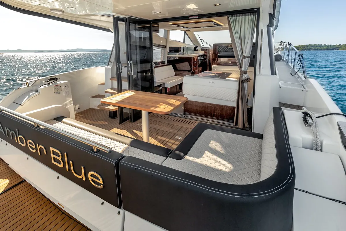 Deck of Amber Blue, a Galeon 420 Fly yacht at Općina Sukošan, Croatia