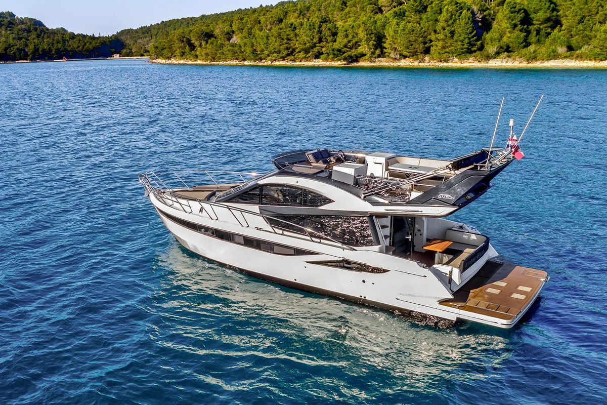 Exterior view of Amber Blue, a Galeon 420 Fly yacht at Općina Sukošan, Croatia