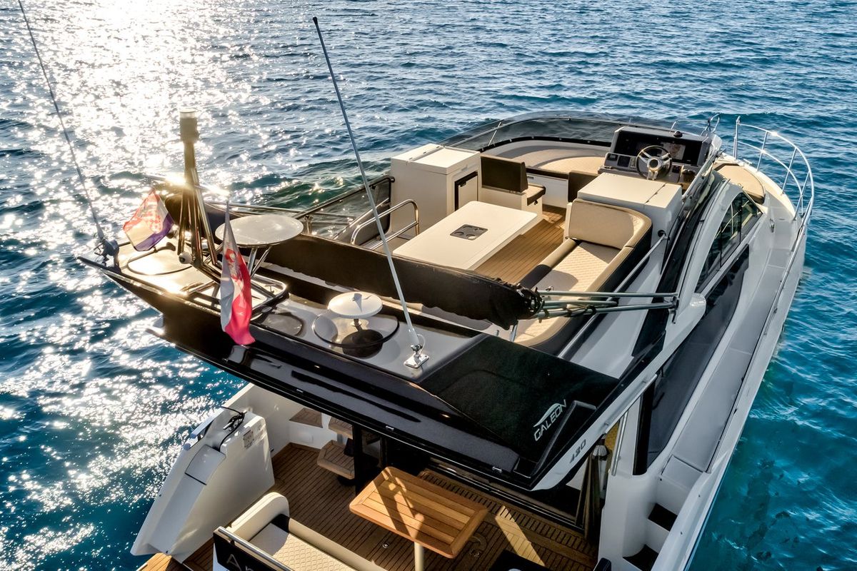Deck of Amber Blue, a Galeon 420 Fly yacht at Općina Sukošan, Croatia