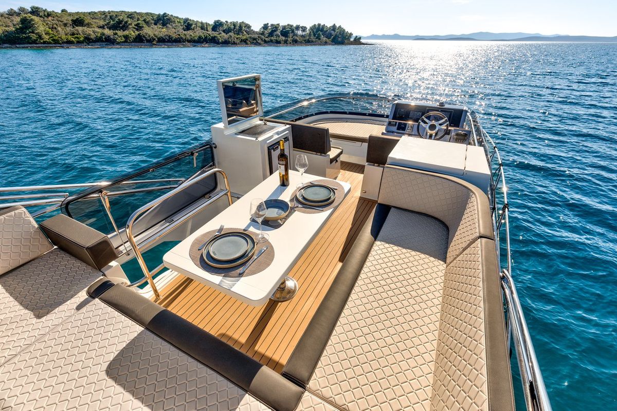 Deck of Amber Blue, a Galeon 420 Fly yacht at Općina Sukošan, Croatia