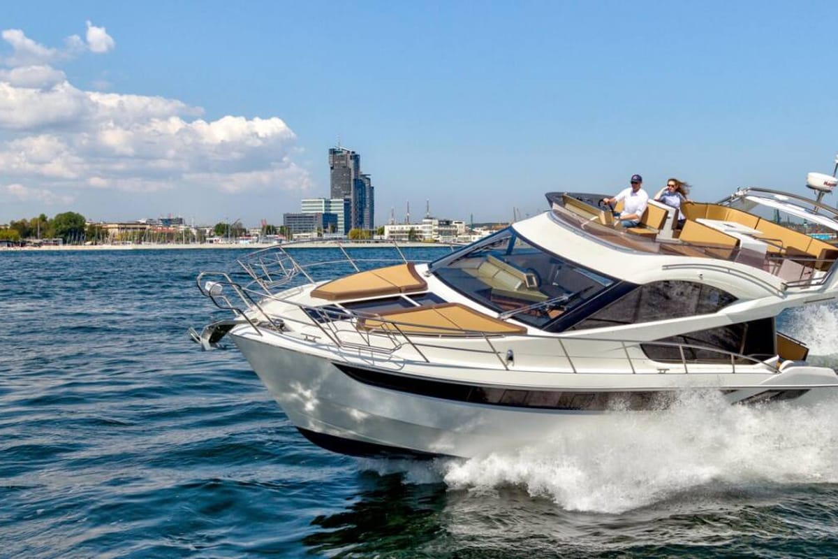Exterior view of Amber Blue, a Galeon 420 Fly yacht at Općina Sukošan, Croatia