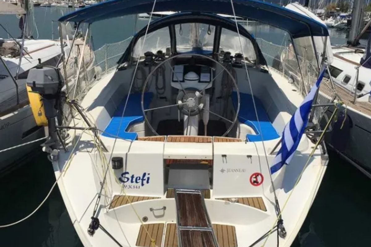 Cockpit of Stefi, a Jeanneau Sun Odyssey 42.2 sailboat at Kontokali, Greece