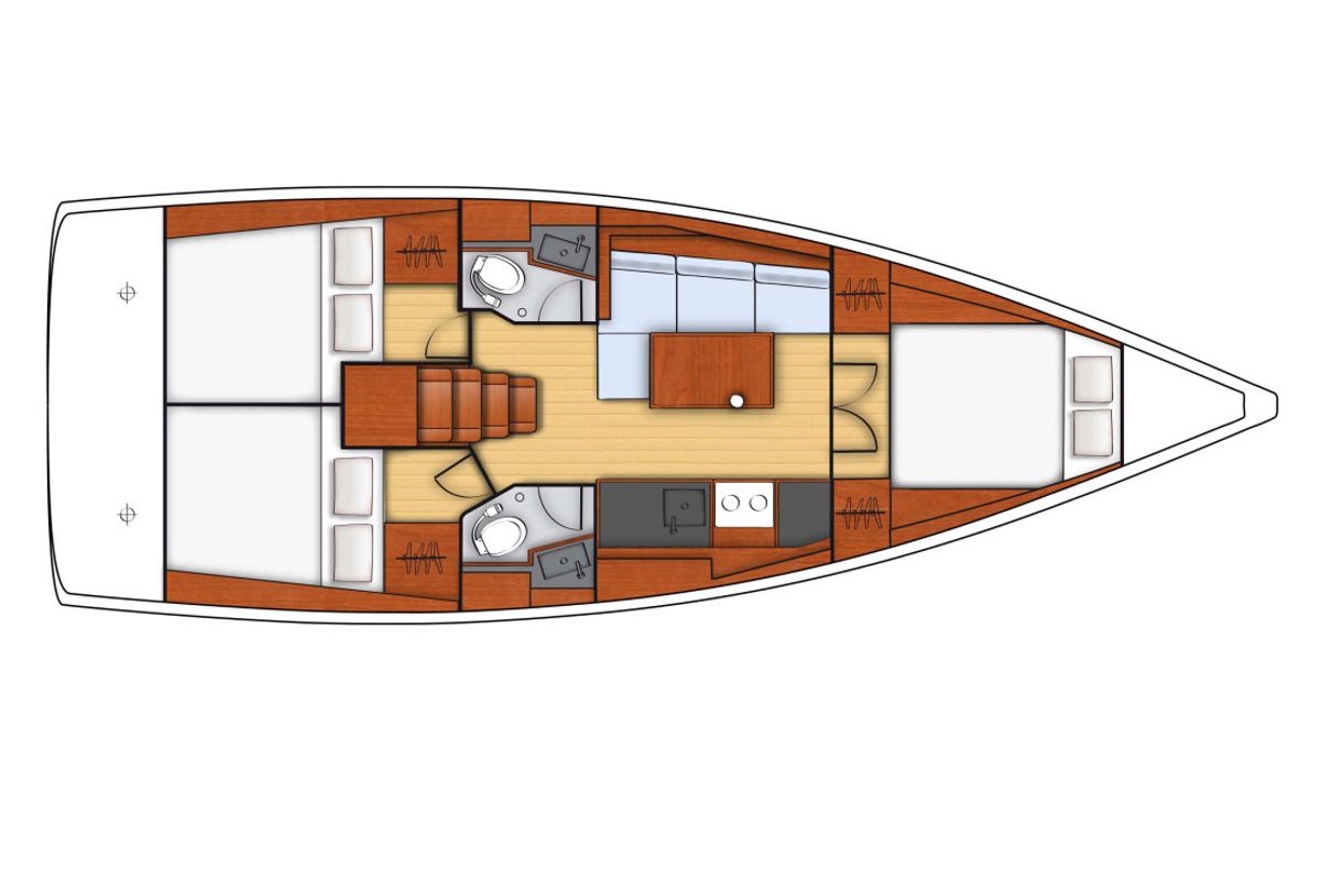 Floor plan of Follia, a Beneteau Oceanis 38 sailboat at Olbia, Italy