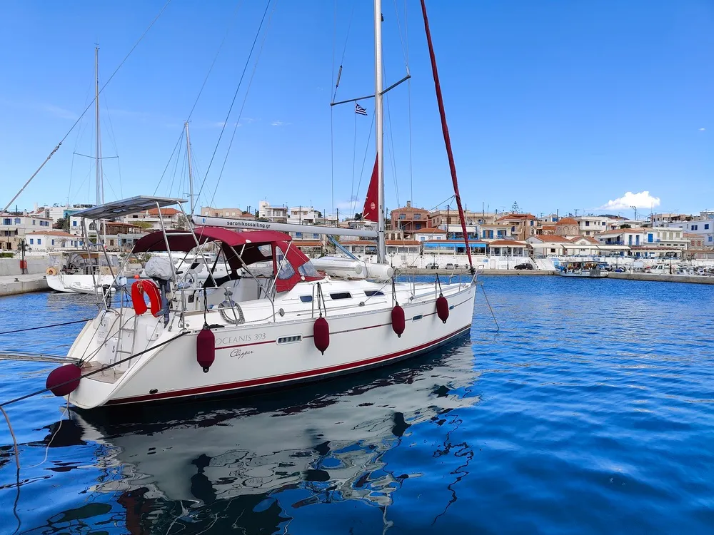 Exterior view of Crete, a Beneteau Oceanis 393 sailboat at Marina Delta Kallithea, Greece