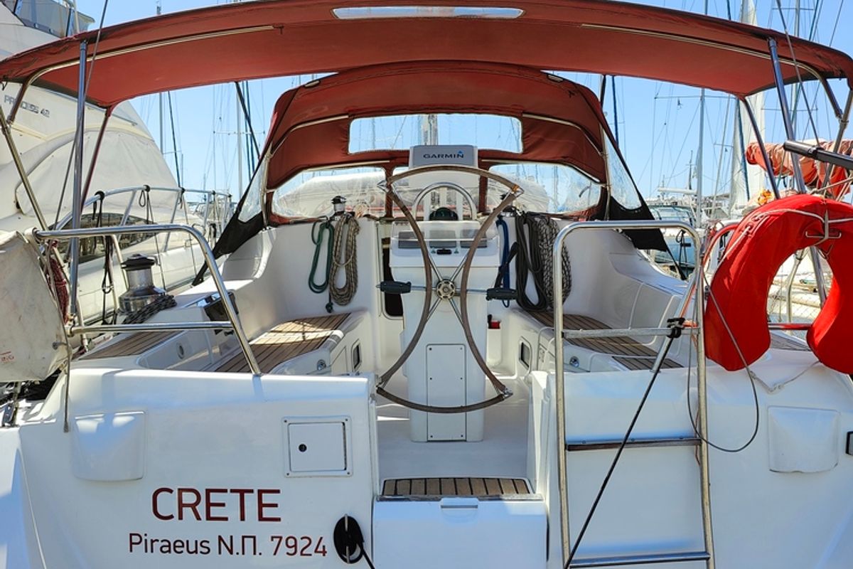 Cockpit of Crete, a Beneteau Oceanis 393 sailboat at Marina Delta Kallithea, Greece