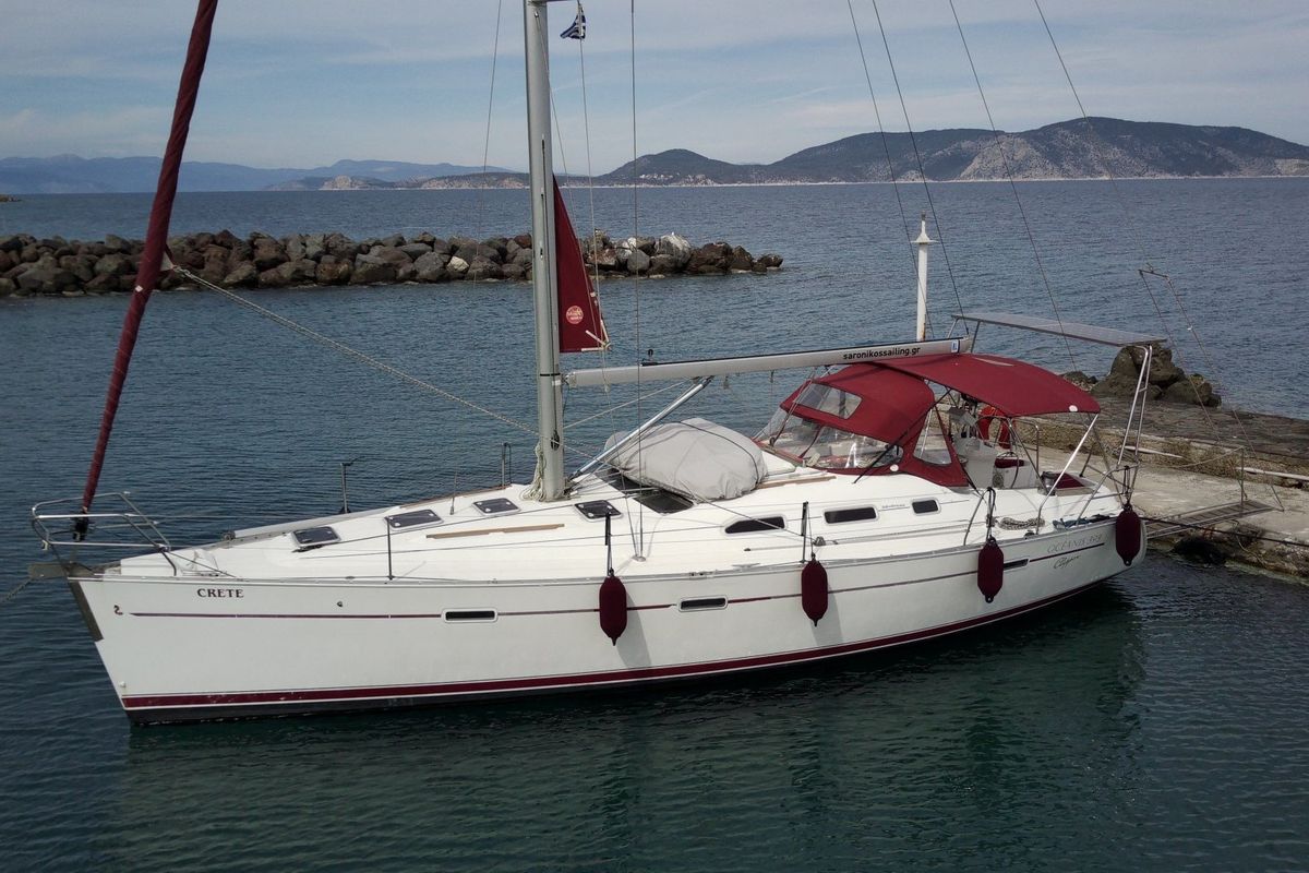 Exterior view of Crete, a Beneteau Oceanis 393 sailboat at Marina Delta Kallithea, Greece