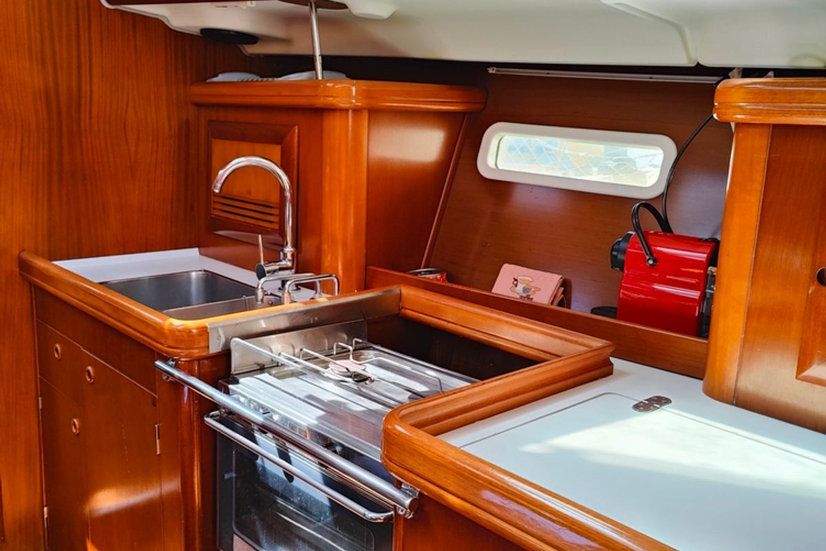 Galley of Crete, a Beneteau Oceanis 393 sailboat at Marina Delta Kallithea, Greece
