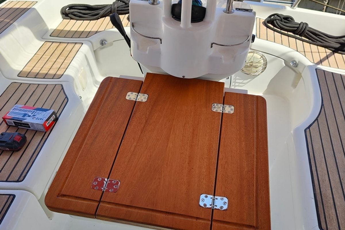 Cockpit of Crete, a Beneteau Oceanis 393 sailboat at Marina Delta Kallithea, Greece