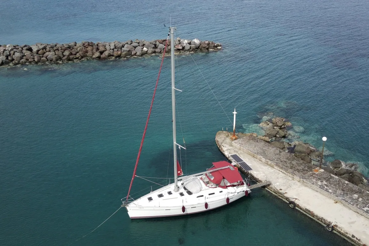 Exterior view of Crete, a Beneteau Oceanis 393 sailboat at Marina Delta Kallithea, Greece