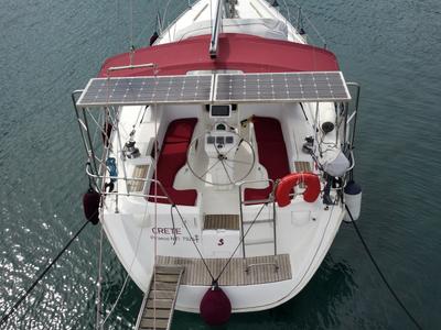 Cockpit of Crete, a Beneteau Oceanis 393 sailboat at Marina Delta Kallithea, Greece