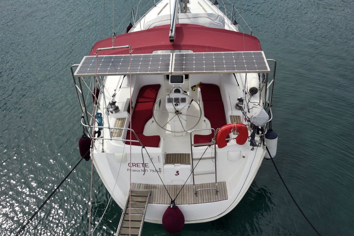 Cockpit of Crete, a Beneteau Oceanis 393 sailboat at Marina Delta Kallithea, Greece