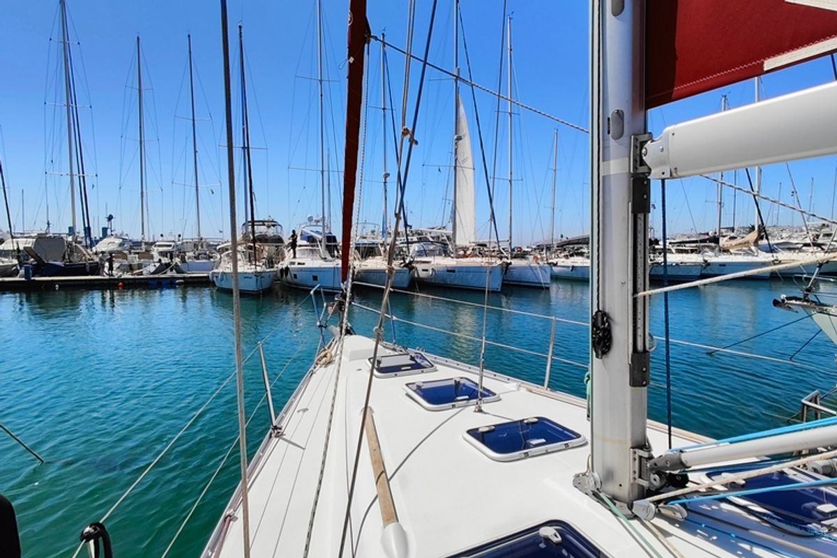 Deck of Crete, a Beneteau Oceanis 393 sailboat at Marina Delta Kallithea, Greece