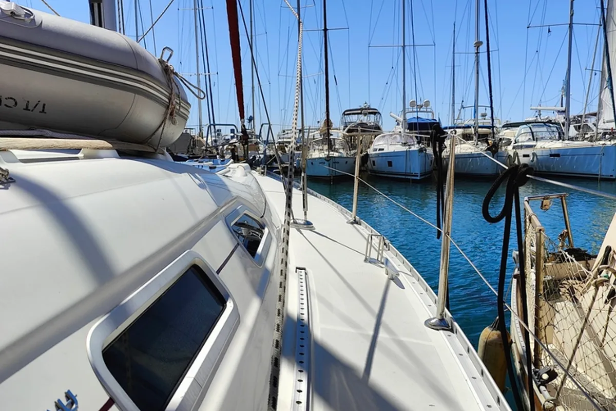Deck of Crete, a Beneteau Oceanis 393 sailboat at Marina Delta Kallithea, Greece