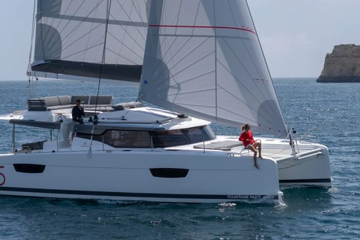 Exterior view of Halle Berry, a Fountaine Pajot Elba 45 catamaran at Marmaris, Turkey