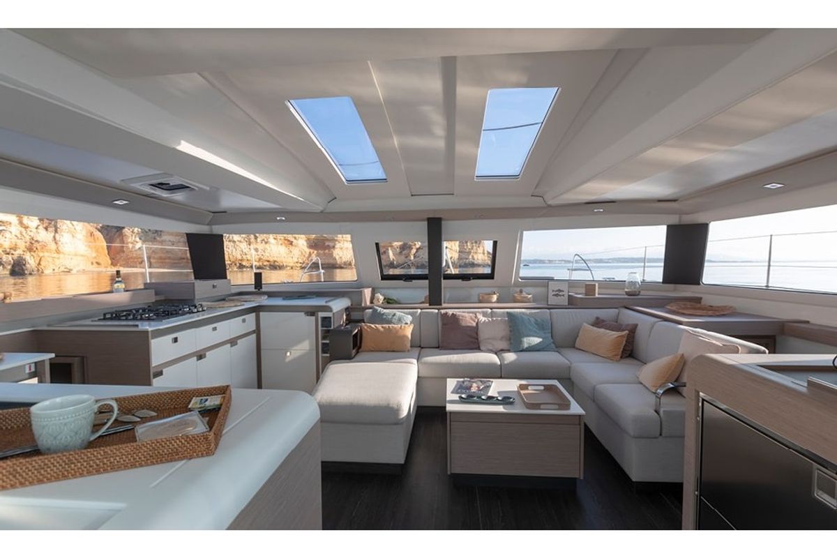 Salon of Halle Berry, a Fountaine Pajot Elba 45 catamaran at Marmaris, Turkey