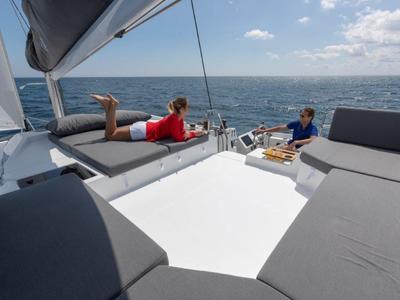Cockpit of Halle Berry, a Fountaine Pajot Elba 45 catamaran at Marmaris, Turkey