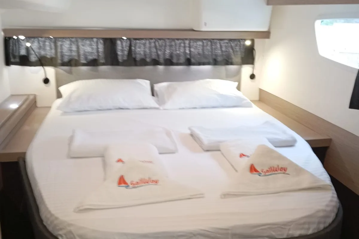 Cabin on Halle Berry, a Fountaine Pajot Elba 45 catamaran at Marmaris, Turkey