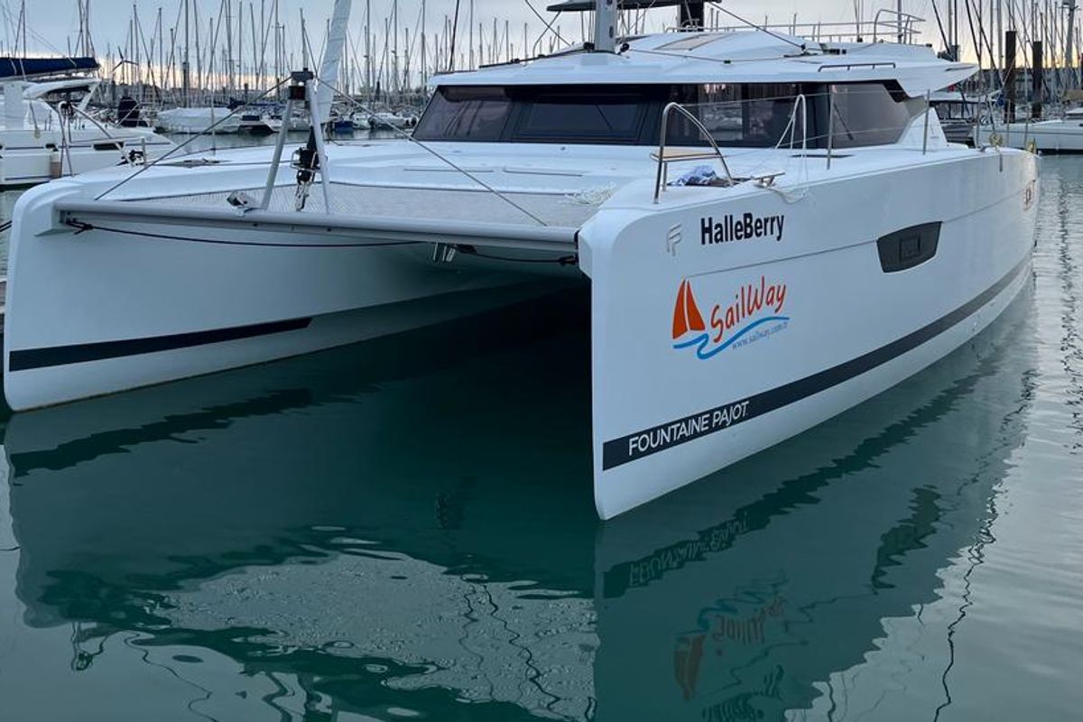 Exterior view of Halle Berry, a Fountaine Pajot Elba 45 catamaran at Marmaris, Turkey