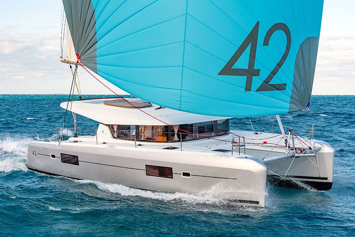 Exterior view of Sunshine, a Lagoon 42 catamaran at Palma de Mallorca, Spain