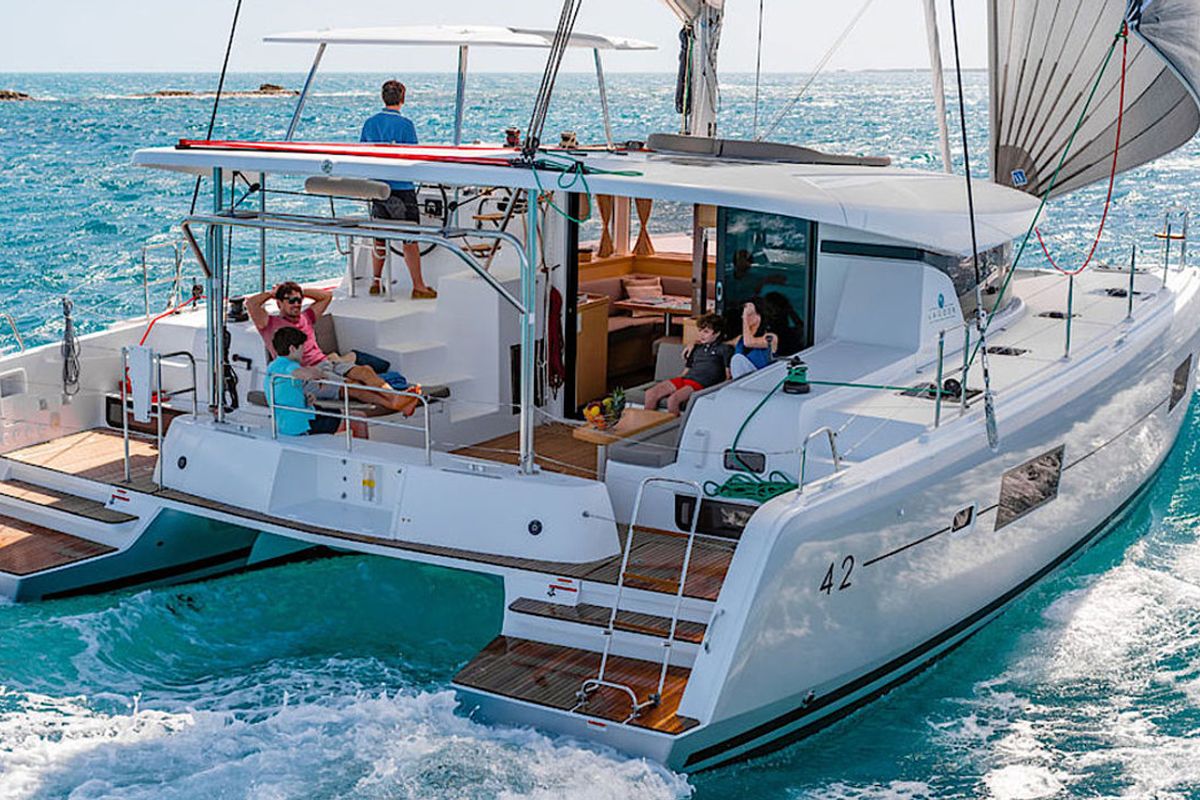 Deck of Sunshine, a Lagoon 42 catamaran at Palma de Mallorca, Spain