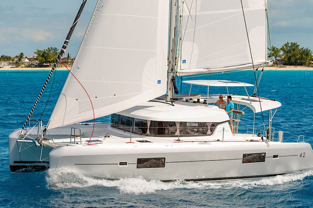 Exterior view of Sunshine, a Lagoon 42 catamaran at Palma de Mallorca, Spain