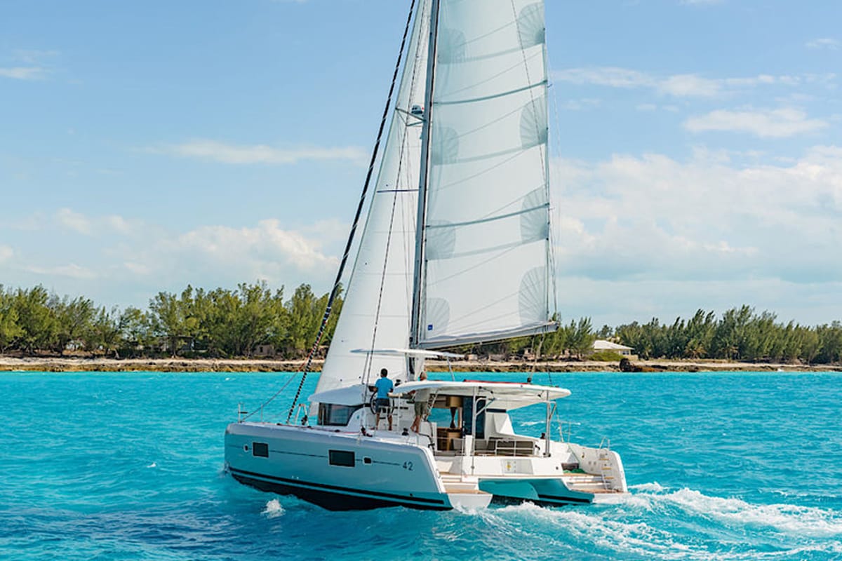Exterior view of Sunshine, a Lagoon 42 catamaran at Palma de Mallorca, Spain