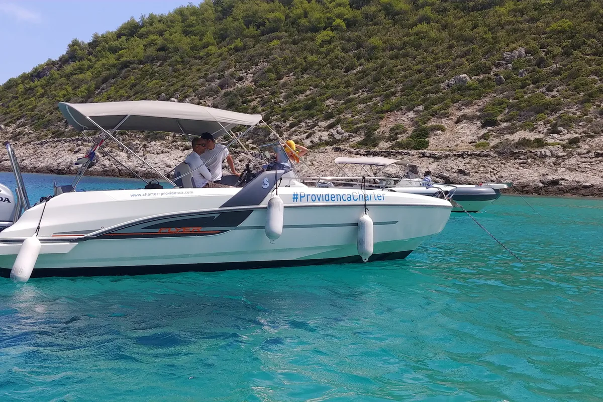 Exterior view of SPACEDeck, a Beneteau Flyer 7.7 SUNdeck motorboat at Grad Trogir, Croatia