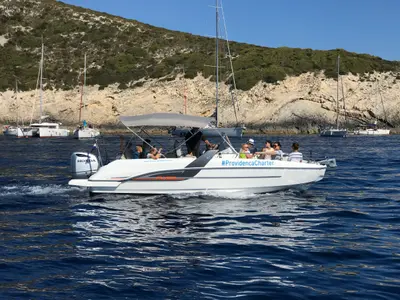 Exterior view of SPACEDeck, a Beneteau Flyer 7.7 SUNdeck motorboat at Grad Trogir, Croatia