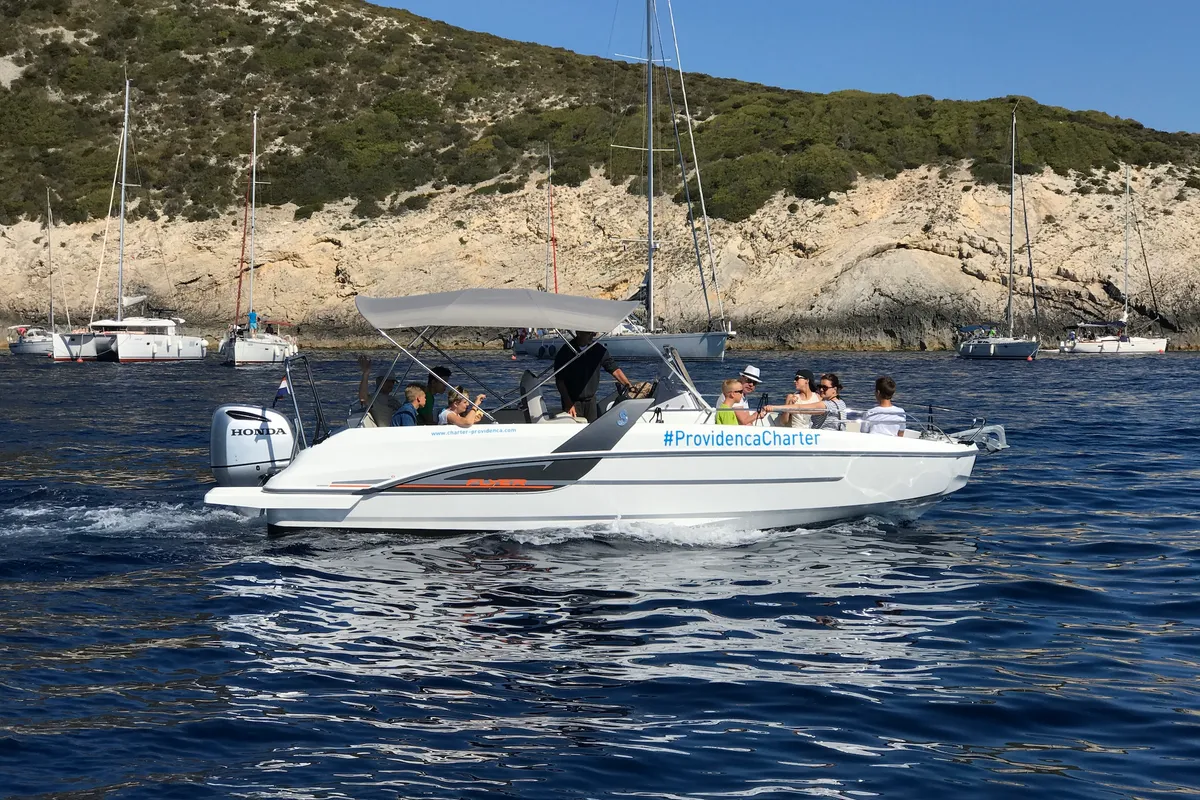 Exterior view of SPACEDeck, a Beneteau Flyer 7.7 SUNdeck motorboat at Grad Trogir, Croatia