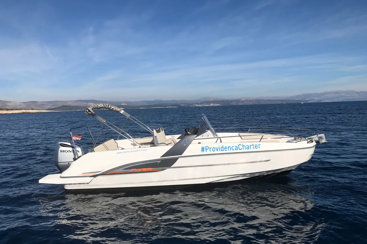 Exterior view of SPACEDeck, a Beneteau Flyer 7.7 SUNdeck motorboat at Grad Trogir, Croatia