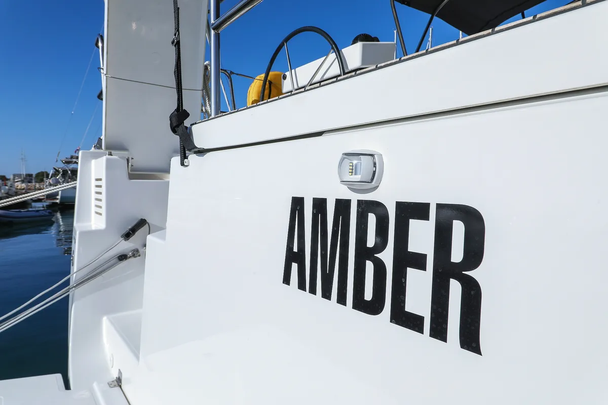 Exterior view of Amber, a Dufour 470 sailboat at Grad Trogir, Croatia