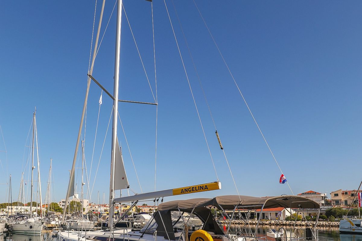 Exterior view of Amber, a Dufour 470 sailboat at Grad Trogir, Croatia