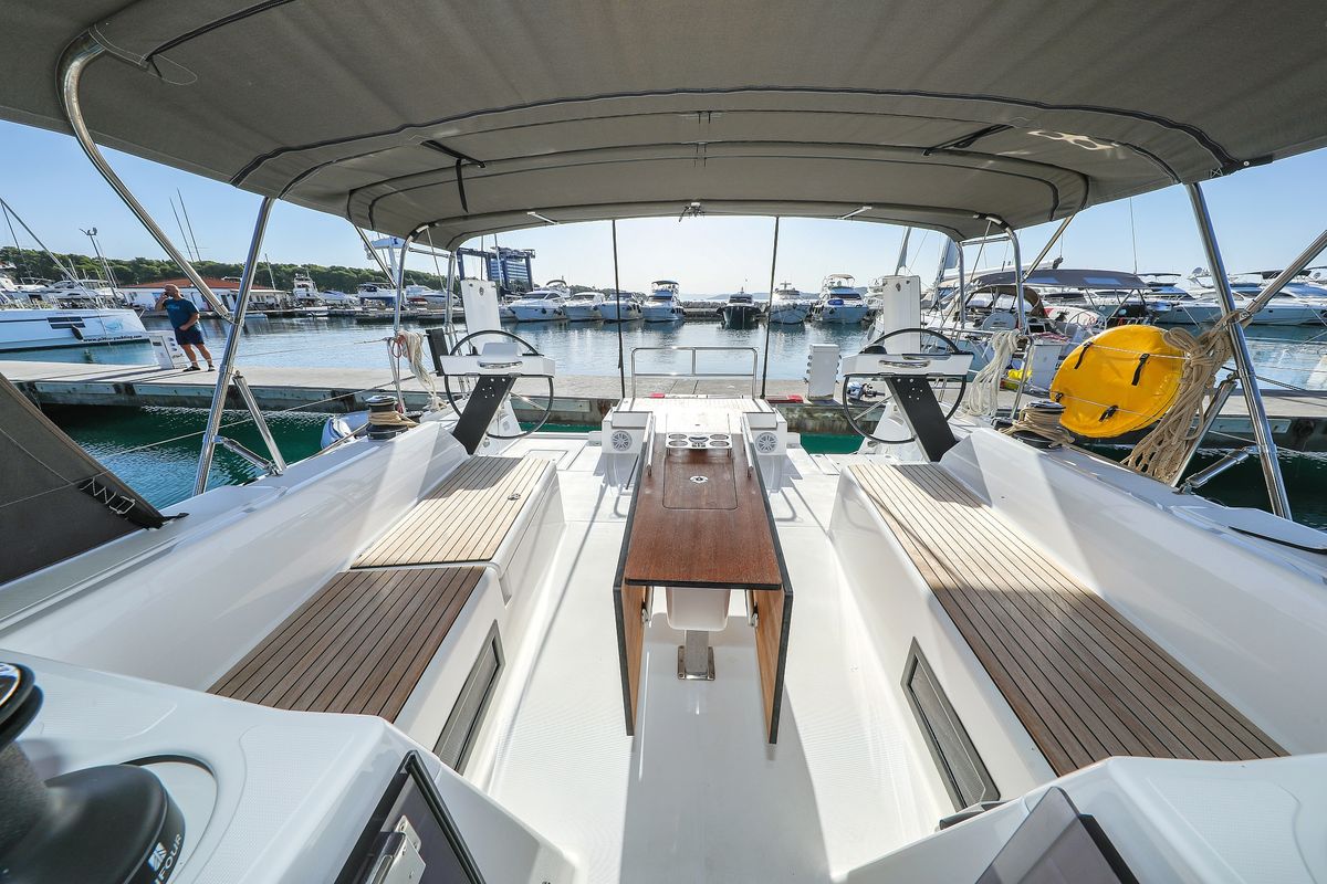 Deck of Amber, a Dufour 470 sailboat at Grad Trogir, Croatia