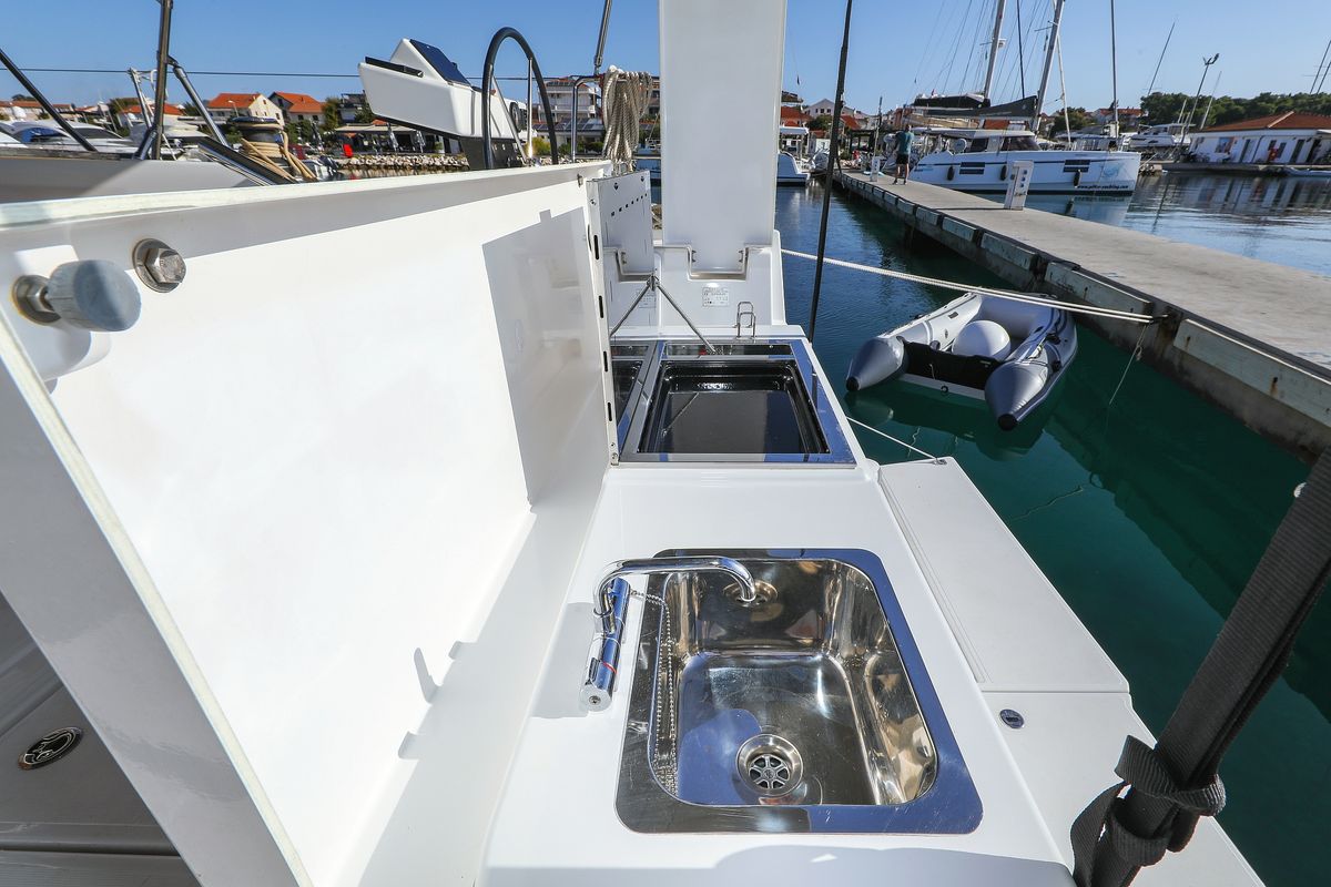 Deck of Amber, a Dufour 470 sailboat at Grad Trogir, Croatia