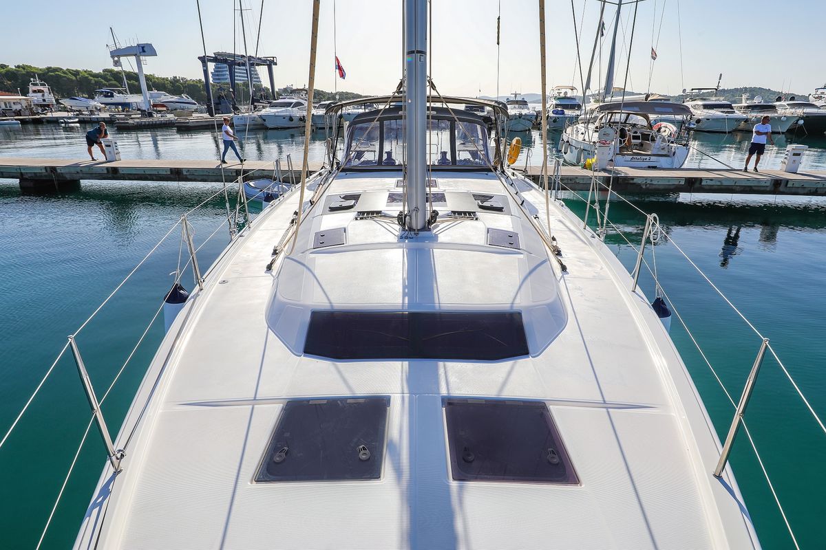 Deck of Amber, a Dufour 470 sailboat at Grad Trogir, Croatia