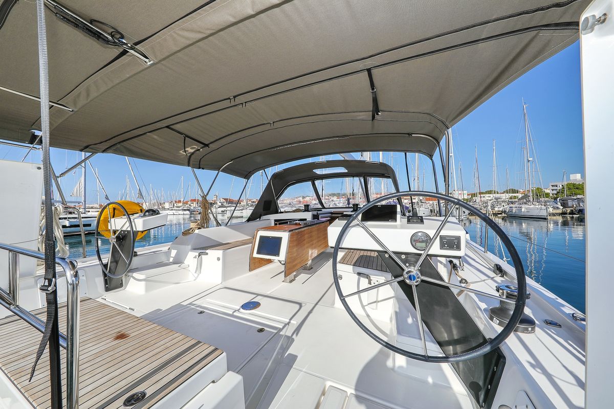 Cockpit of Amber, a Dufour 470 sailboat at Grad Trogir, Croatia